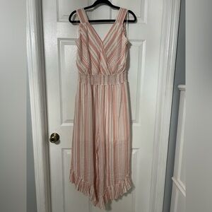 Like New Striped Pink Jumpsuit with Ruffle Hem